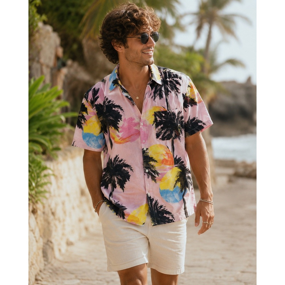 American Eagle Tropical Palm Tree Short‎ Sleeve Pink Button Up Shirt L Festival